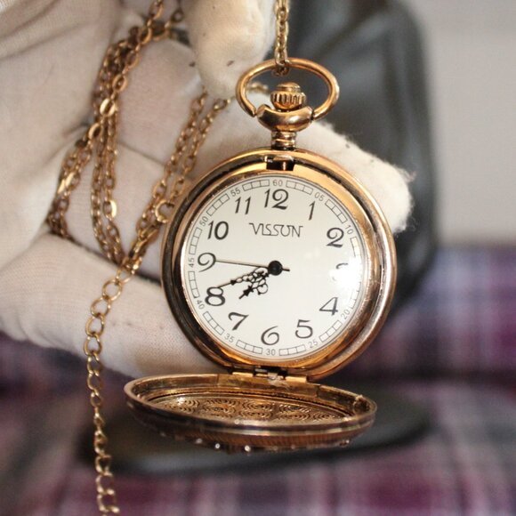 Vissun Pocket Watch Pendant Necklace Rhinestones Scrollwork WORKS main image 7